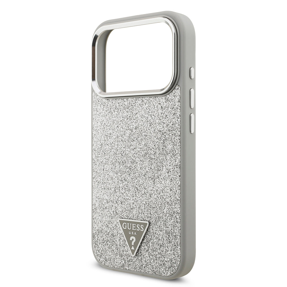 iPhone 17 Pro Kılıf Guess Orjinal Lisanslı M-safe Şarj Özellikli Metal Kamera Çerçeveli Üçgen Logolu Glitter Kapak
