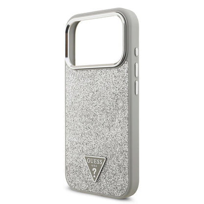 iPhone 17 Pro Kılıf Guess Orjinal Lisanslı M-safe Şarj Özellikli Metal Kamera Çerçeveli Üçgen Logolu Glitter Kapak