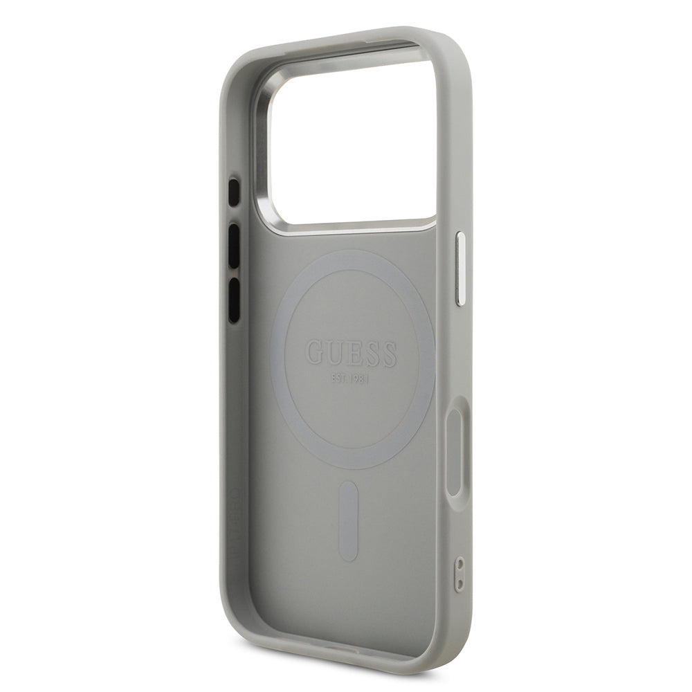 iPhone 17 Pro Kılıf Guess Orjinal Lisanslı M-safe Şarj Özellikli Metal Kamera Çerçeveli Üçgen Logolu Glitter Kapak