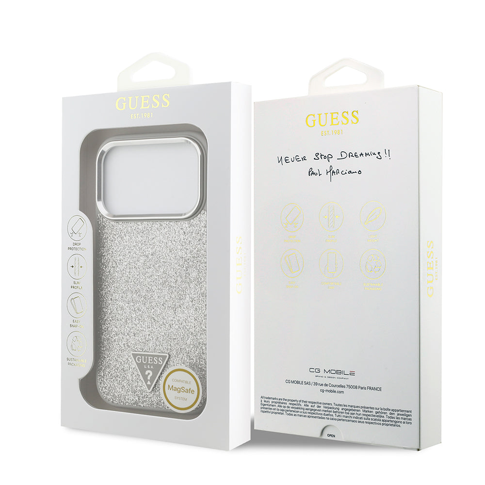iPhone 17 Pro Kılıf Guess Orjinal Lisanslı M-safe Şarj Özellikli Metal Kamera Çerçeveli Üçgen Logolu Glitter Kapak