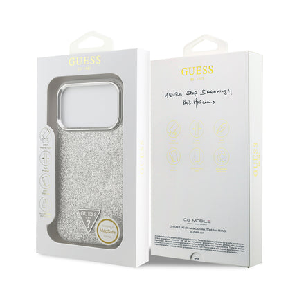 iPhone 17 Pro Kılıf Guess Orjinal Lisanslı M-safe Şarj Özellikli Metal Kamera Çerçeveli Üçgen Logolu Glitter Kapak