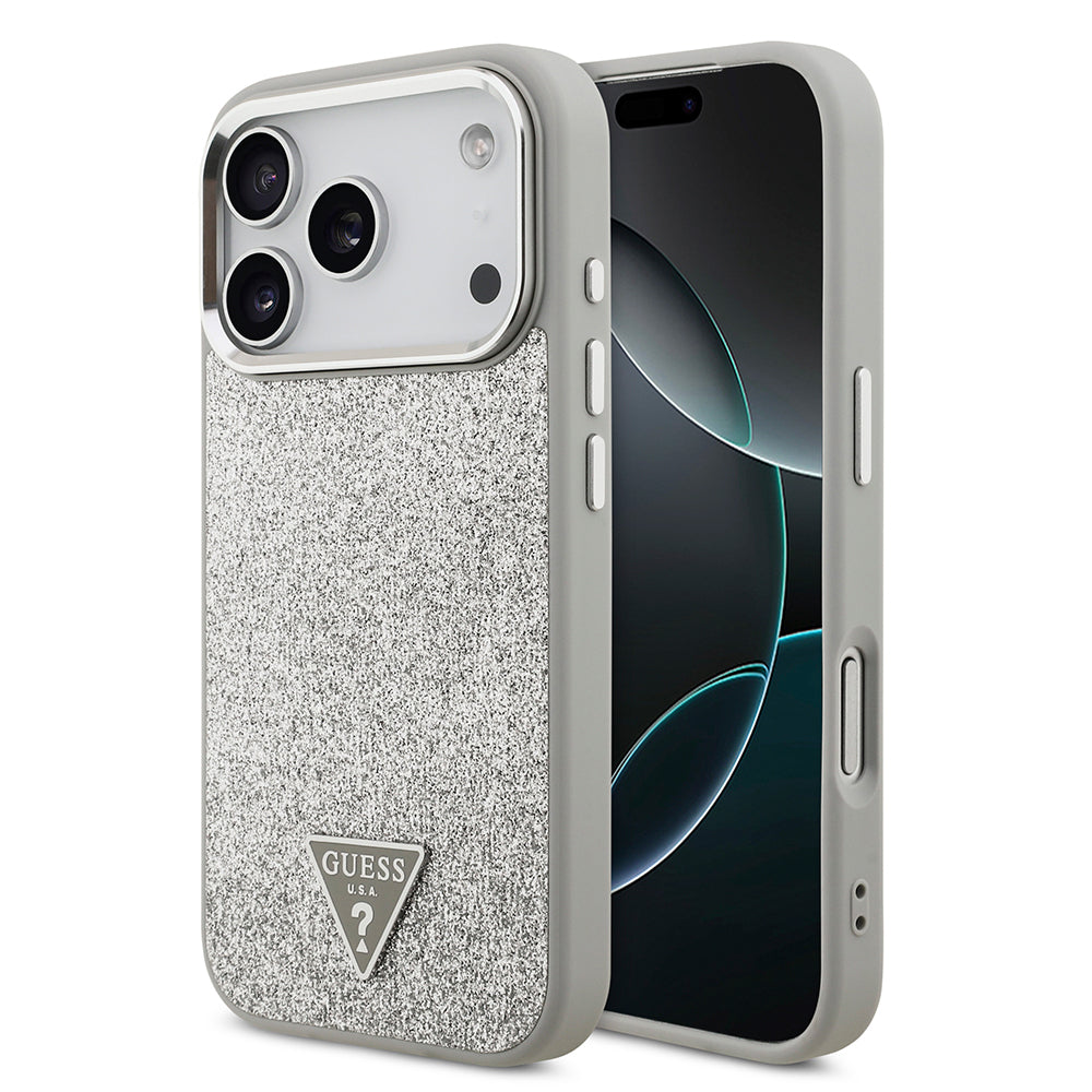 iPhone 17 Pro Kılıf Guess Orjinal Lisanslı M-safe Şarj Özellikli Metal Kamera Çerçeveli Üçgen Logolu Glitter Kapak