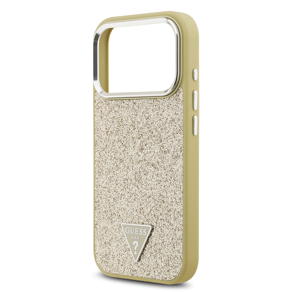 iPhone 17 Pro Kılıf Guess Orjinal Lisanslı M-safe Şarj Özellikli Metal Kamera Çerçeveli Üçgen Logolu Glitter Kapak