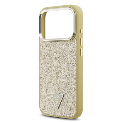 iPhone 17 Pro Kılıf Guess Orjinal Lisanslı M-safe Şarj Özellikli Metal Kamera Çerçeveli Üçgen Logolu Glitter Kapak