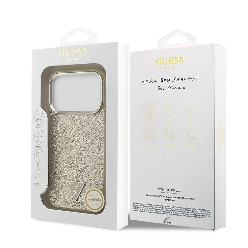 iPhone 17 Pro Kılıf Guess Orjinal Lisanslı M-safe Şarj Özellikli Metal Kamera Çerçeveli Üçgen Logolu Glitter Kapak