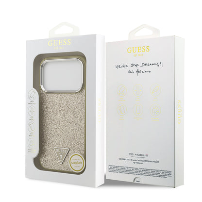 iPhone 17 Pro Kılıf Guess Orjinal Lisanslı M-safe Şarj Özellikli Metal Kamera Çerçeveli Üçgen Logolu Glitter Kapak