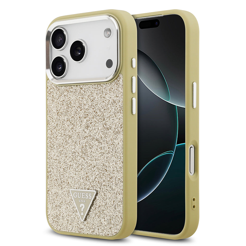 iPhone 17 Pro Kılıf Guess Orjinal Lisanslı M-safe Şarj Özellikli Metal Kamera Çerçeveli Üçgen Logolu Glitter Kapak