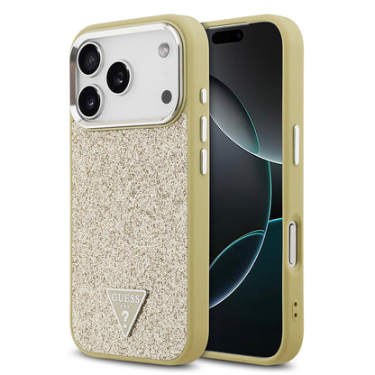 iPhone 17 Pro Kılıf Guess Orjinal Lisanslı M-safe Şarj Özellikli Metal Kamera Çerçeveli Üçgen Logolu Glitter Kapak