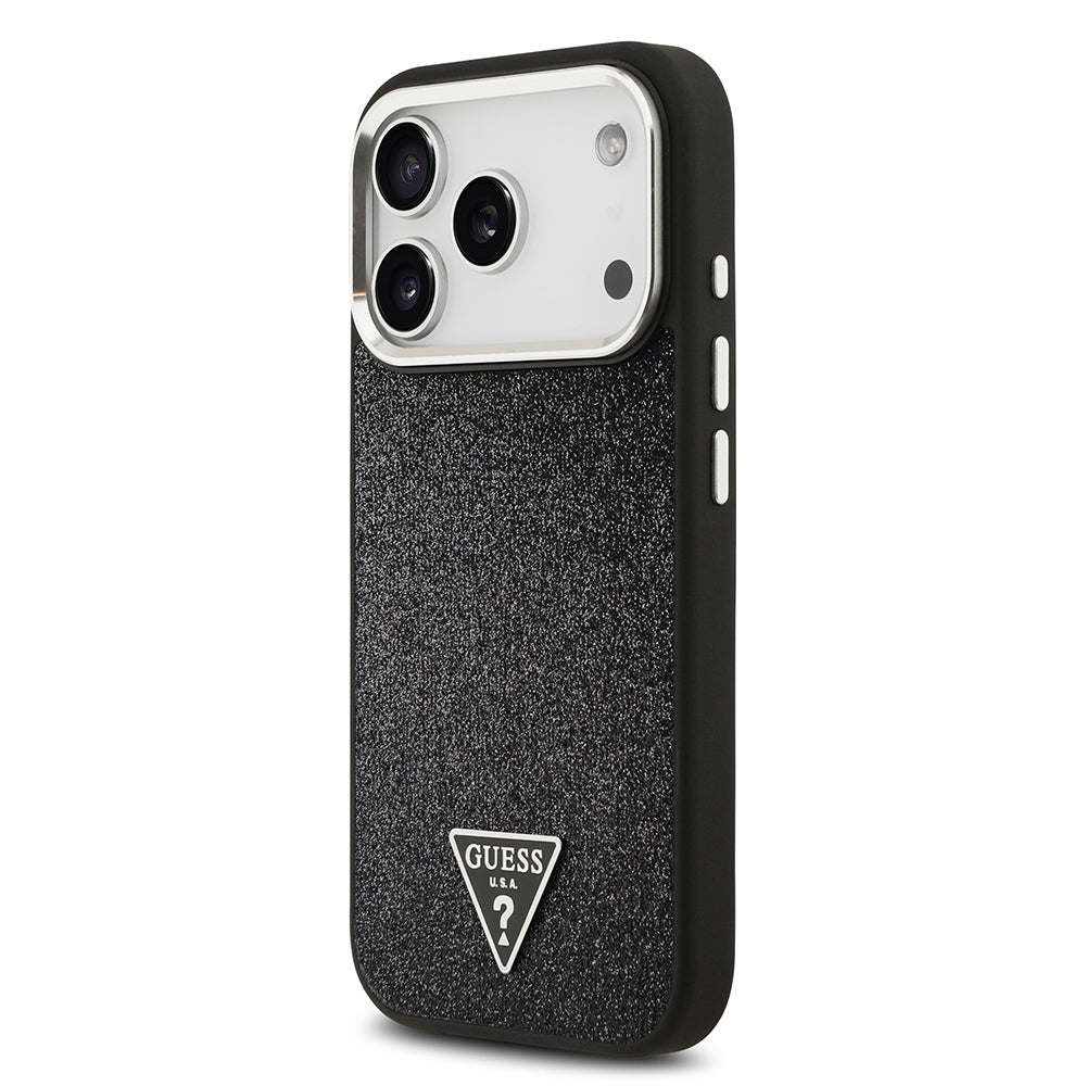 iPhone 17 Pro Kılıf Guess Orjinal Lisanslı M-safe Şarj Özellikli Metal Kamera Çerçeveli Üçgen Logolu Glitter Kapak