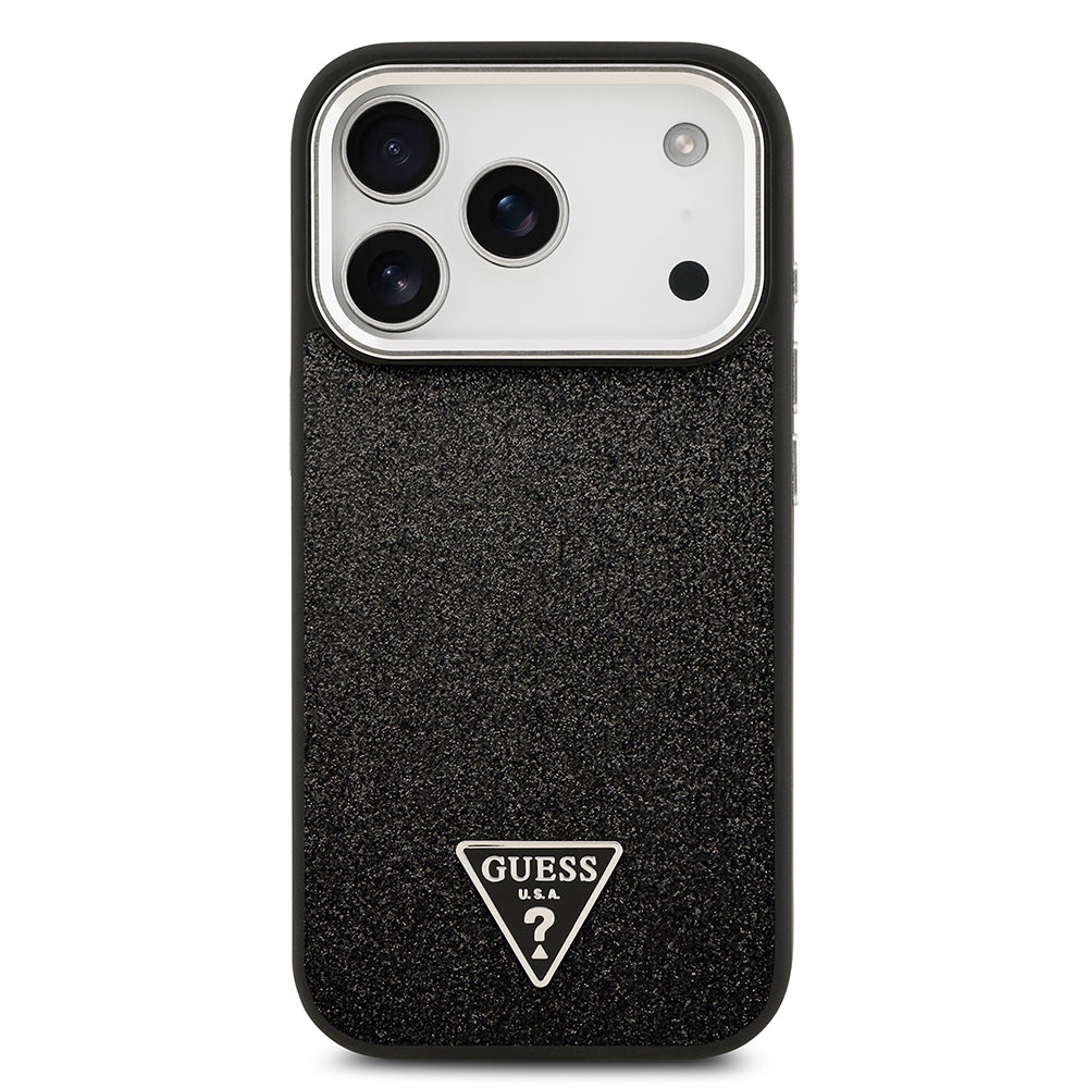 iPhone 17 Pro Kılıf Guess Orjinal Lisanslı M-safe Şarj Özellikli Metal Kamera Çerçeveli Üçgen Logolu Glitter Kapak