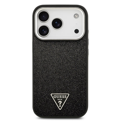 iPhone 17 Pro Kılıf Guess Orjinal Lisanslı M-safe Şarj Özellikli Metal Kamera Çerçeveli Üçgen Logolu Glitter Kapak