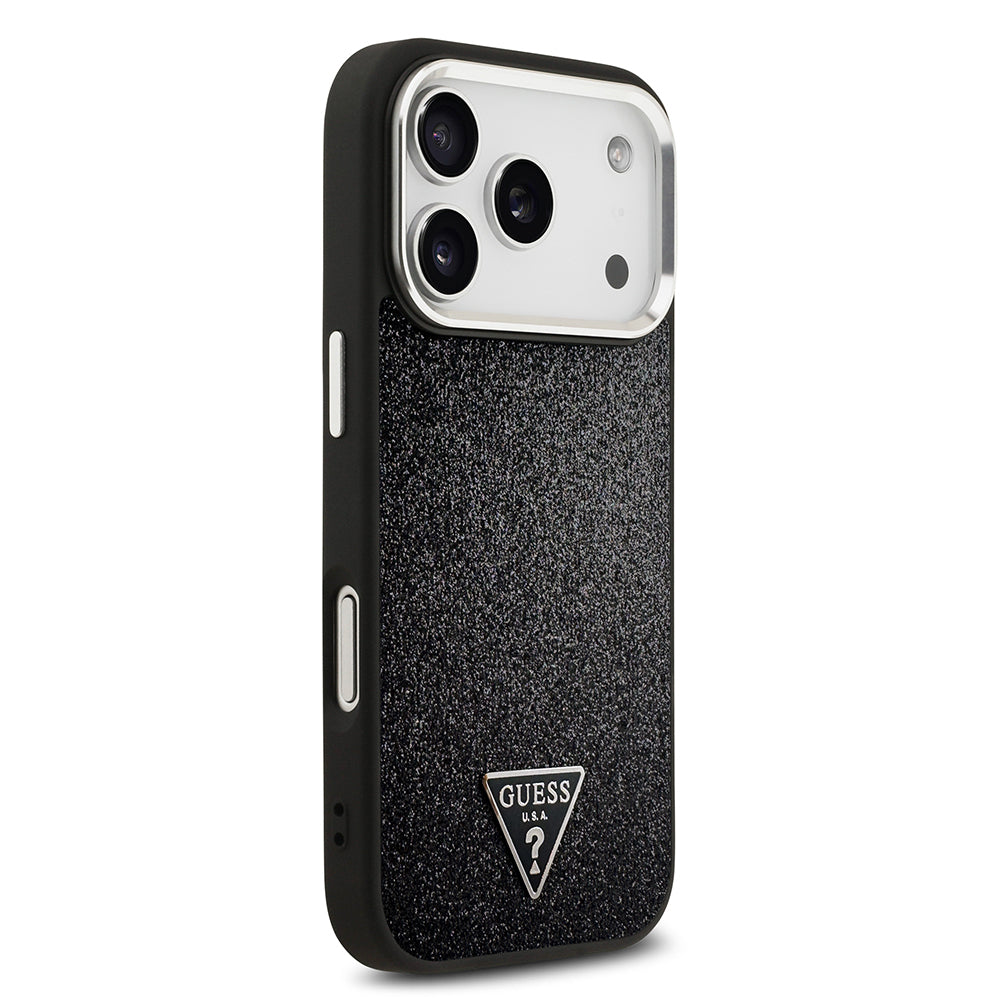iPhone 17 Pro Kılıf Guess Orjinal Lisanslı M-safe Şarj Özellikli Metal Kamera Çerçeveli Üçgen Logolu Glitter Kapak