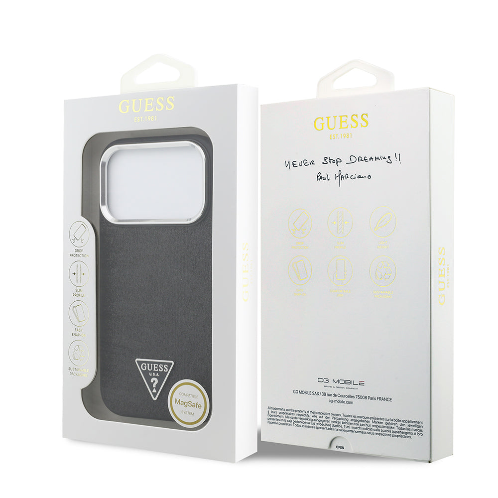 iPhone 17 Pro Kılıf Guess Orjinal Lisanslı M-safe Şarj Özellikli Metal Kamera Çerçeveli Üçgen Logolu Glitter Kapak