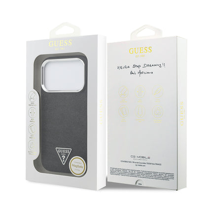 iPhone 17 Pro Kılıf Guess Orjinal Lisanslı M-safe Şarj Özellikli Metal Kamera Çerçeveli Üçgen Logolu Glitter Kapak