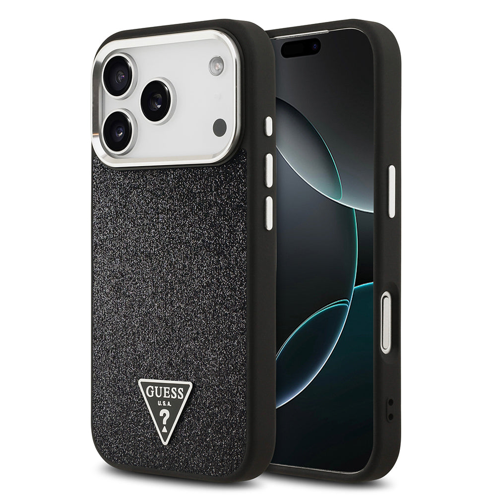 iPhone 17 Pro Kılıf Guess Orjinal Lisanslı M-safe Şarj Özellikli Metal Kamera Çerçeveli Üçgen Logolu Glitter Kapak