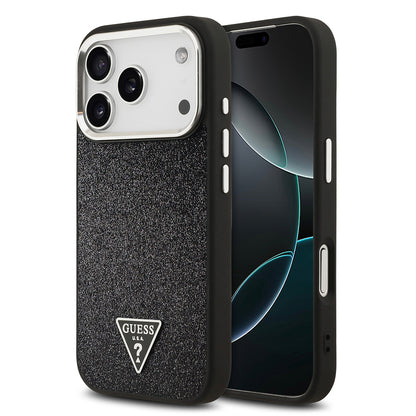 iPhone 17 Pro Kılıf Guess Orjinal Lisanslı M-safe Şarj Özellikli Metal Kamera Çerçeveli Üçgen Logolu Glitter Kapak