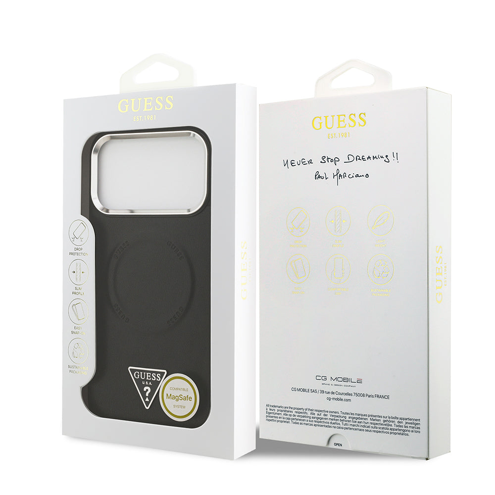 iPhone 17 Pro Kılıf Guess Orjinal Lisanslı M-safe Şarj Özellikli PU Deri Metal Kamera Çerçeveli Üçgen Logolu Kapak
