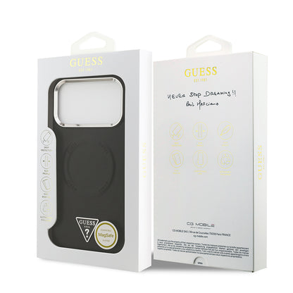 iPhone 17 Pro Kılıf Guess Orjinal Lisanslı M-safe Şarj Özellikli PU Deri Metal Kamera Çerçeveli Üçgen Logolu Kapak