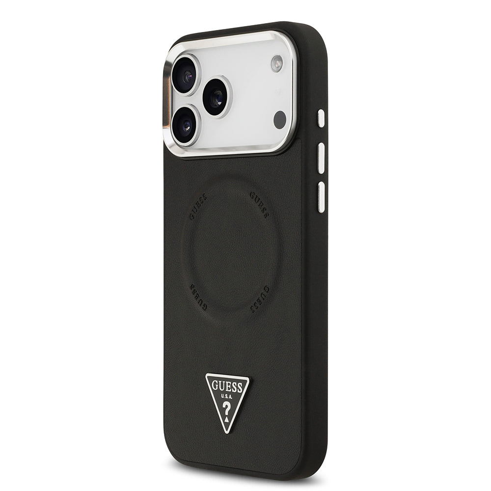 iPhone 17 Pro Kılıf Guess Orjinal Lisanslı M-safe Şarj Özellikli PU Deri Metal Kamera Çerçeveli Üçgen Logolu Kapak