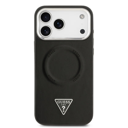 iPhone 17 Pro Kılıf Guess Orjinal Lisanslı M-safe Şarj Özellikli PU Deri Metal Kamera Çerçeveli Üçgen Logolu Kapak