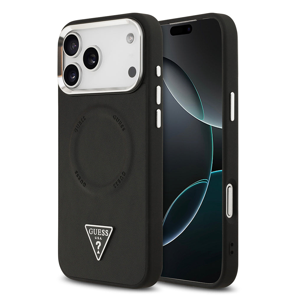 iPhone 17 Pro Kılıf Guess Orjinal Lisanslı M-safe Şarj Özellikli PU Deri Metal Kamera Çerçeveli Üçgen Logolu Kapak