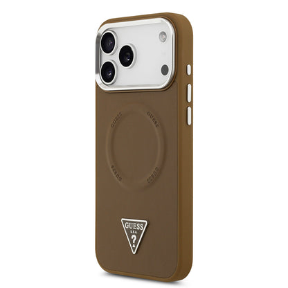 iPhone 17 Pro Kılıf Guess Orjinal Lisanslı M-safe Şarj Özellikli PU Deri Metal Kamera Çerçeveli Üçgen Logolu Kapak