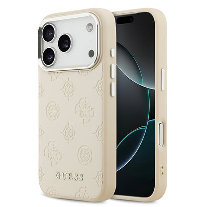 iPhone 17 Pro Kılıf Guess Orjinal Lisanslı M-safe Şarj Özellikli Sıcak Baskılı Klasik Yazı Logolu PU Deri Peony Kapak