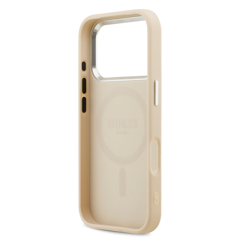 iPhone 17 Pro Kılıf Guess Orjinal Lisanslı M-safe Şarj Özellikli Sıcak Baskılı Klasik Yazı Logolu PU Deri Peony Kapak