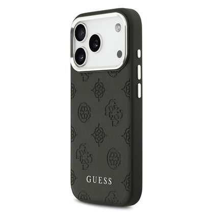 iPhone 17 Pro Kılıf Guess Orjinal Lisanslı M-safe Şarj Özellikli Sıcak Baskılı Klasik Yazı Logolu PU Deri Peony Kapak