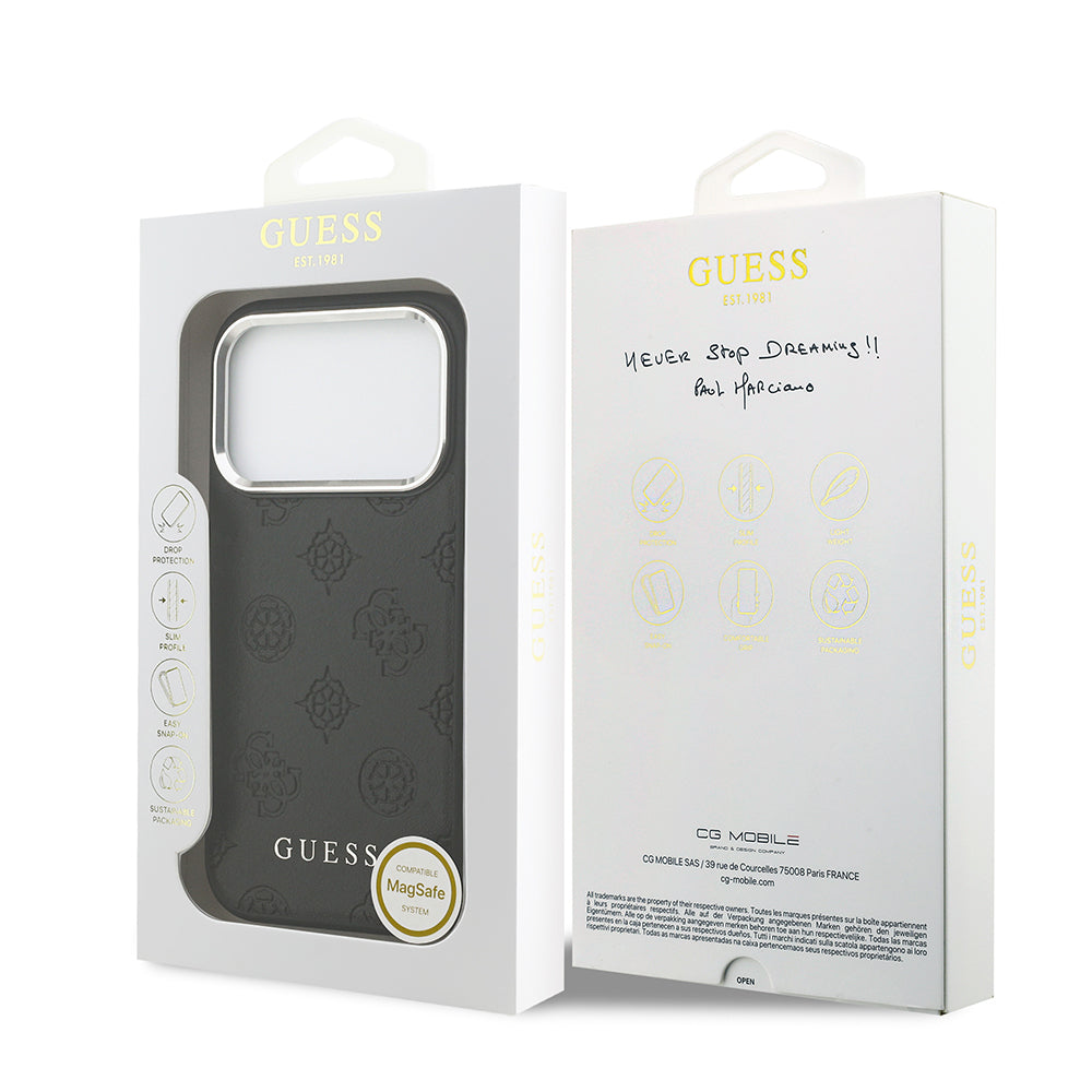 iPhone 17 Pro Kılıf Guess Orjinal Lisanslı M-safe Şarj Özellikli Sıcak Baskılı Klasik Yazı Logolu PU Deri Peony Kapak