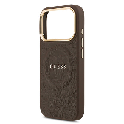 Apple iPhone 17 Pro Kılıf Guess Orjinal Lisanslı M-safe Şarj Özellikli Sıcak Baskılı Yazı Logolu PU Deri Peony Kapak