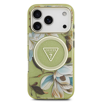 iPhone 17 Pro Kılıf Guess Orjinal Lisanslı M-safe Şarj Özellikli Simli Çiçek Desenli Metal Kamera Çerçeveli Üçgen Logolu Kapak