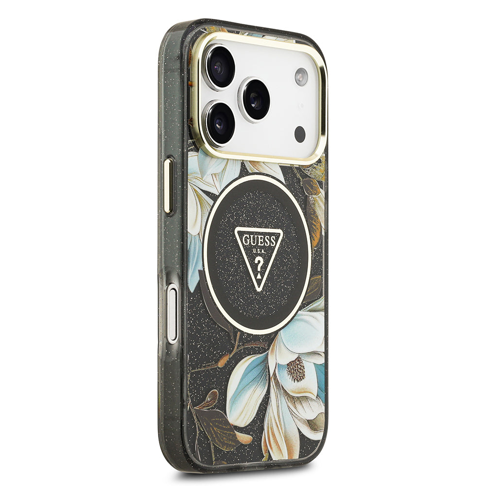 iPhone 17 Pro Kılıf Guess Orjinal Lisanslı M-safe Şarj Özellikli Simli Çiçek Desenli Metal Kamera Çerçeveli Üçgen Logolu Kapak