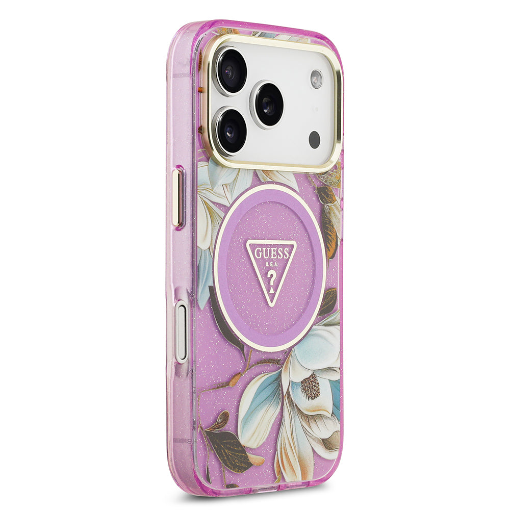 iPhone 17 Pro Kılıf Guess Orjinal Lisanslı M-safe Şarj Özellikli Simli Çiçek Desenli Metal Kamera Çerçeveli Üçgen Logolu Kapak