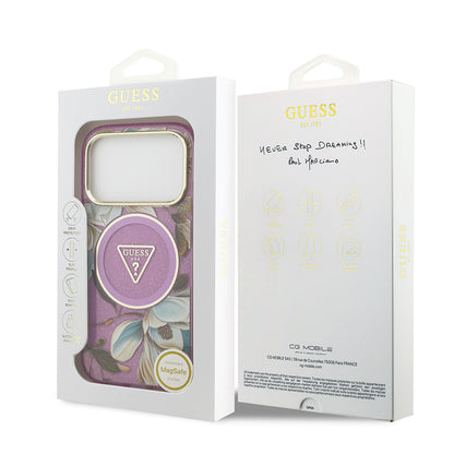 iPhone 17 Pro Kılıf Guess Orjinal Lisanslı M-safe Şarj Özellikli Simli Çiçek Desenli Metal Kamera Çerçeveli Üçgen Logolu Kapak