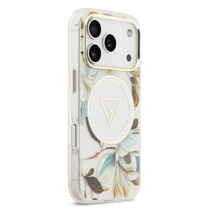 iPhone 17 Pro Kılıf Guess Orjinal Lisanslı M-safe Şarj Özellikli Simli Çiçek Desenli Metal Kamera Çerçeveli Üçgen Logolu Kapak