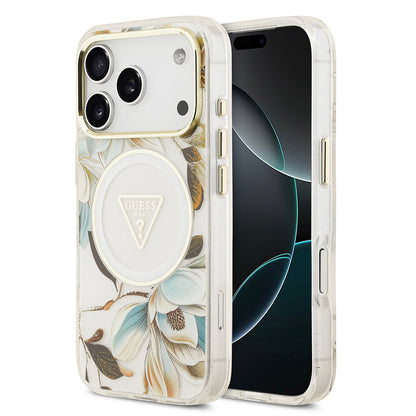 iPhone 17 Pro Kılıf Guess Orjinal Lisanslı M-safe Şarj Özellikli Simli Çiçek Desenli Metal Kamera Çerçeveli Üçgen Logolu Kapak