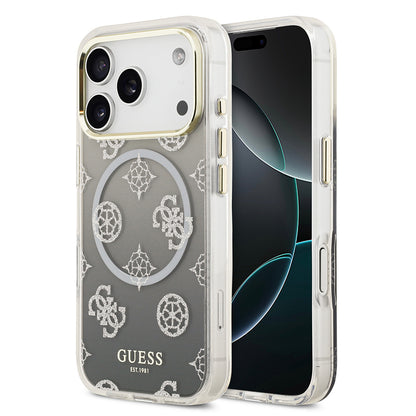 iPhone 17 Pro Kılıf Guess Orjinal Lisanslı M-safe Şarj Özellikli Simli Peony Desenli Silikon Kapak