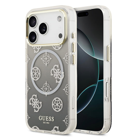 iPhone 17 Pro Kılıf Guess Orjinal Lisanslı M-safe Şarj Özellikli Simli Peony Desenli Silikon Kapak