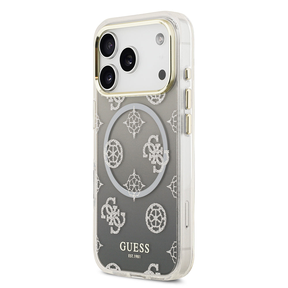 iPhone 17 Pro Kılıf Guess Orjinal Lisanslı M-safe Şarj Özellikli Simli Peony Desenli Silikon Kapak