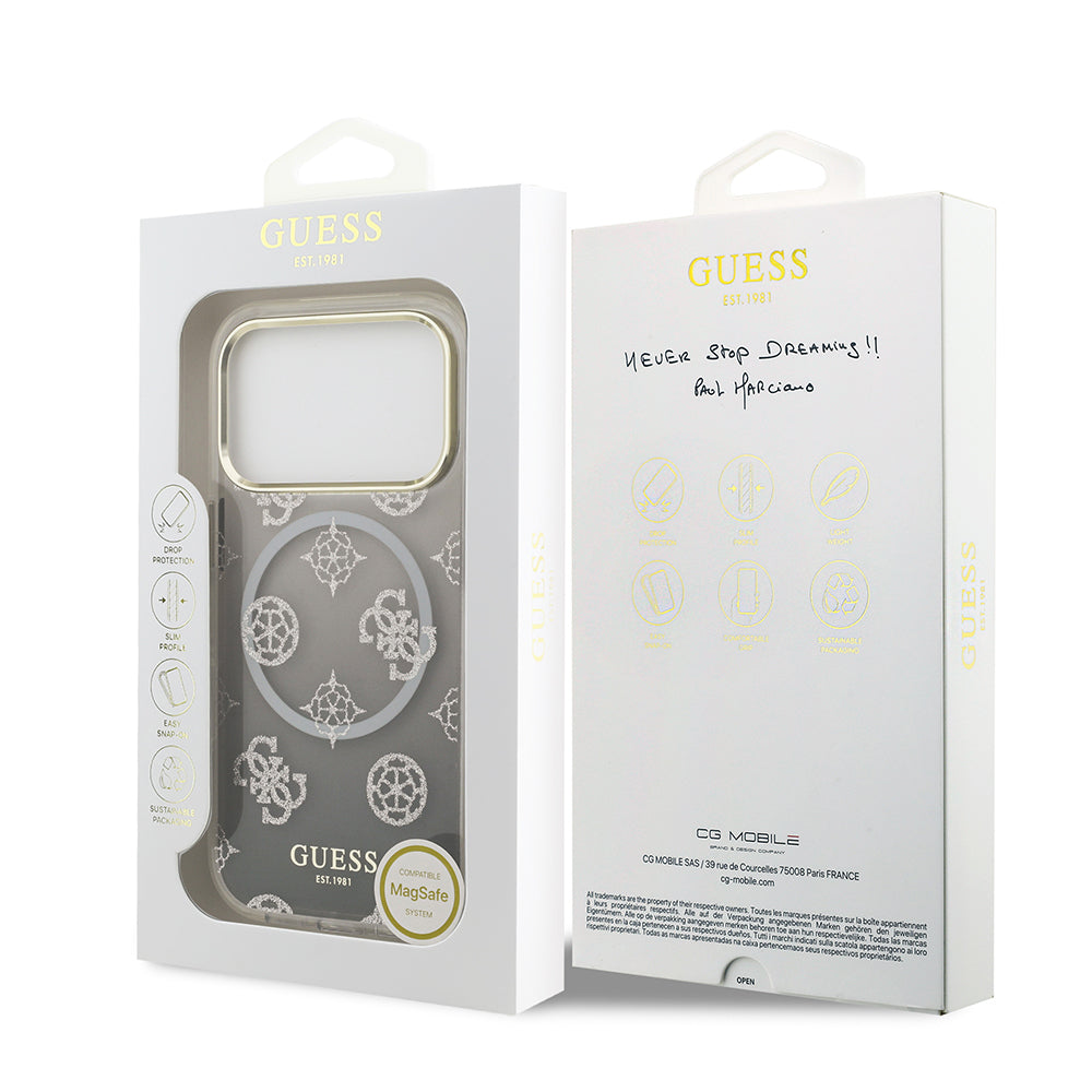 iPhone 17 Pro Kılıf Guess Orjinal Lisanslı M-safe Şarj Özellikli Simli Peony Desenli Silikon Kapak