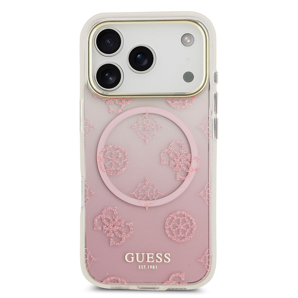 iPhone 17 Pro Kılıf Guess Orjinal Lisanslı M-safe Şarj Özellikli Simli Peony Desenli Silikon Kapak