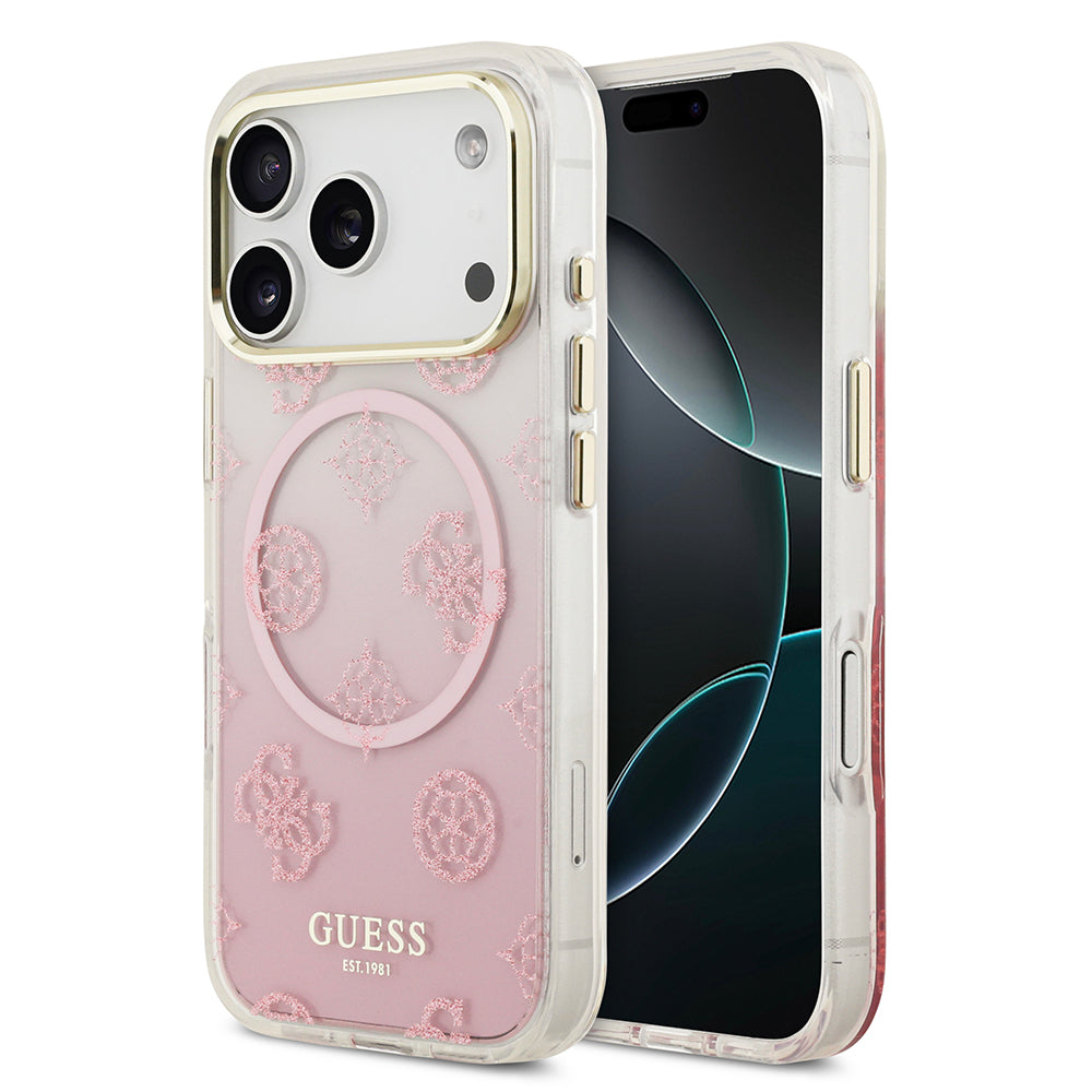 iPhone 17 Pro Kılıf Guess Orjinal Lisanslı M-safe Şarj Özellikli Simli Peony Desenli Silikon Kapak