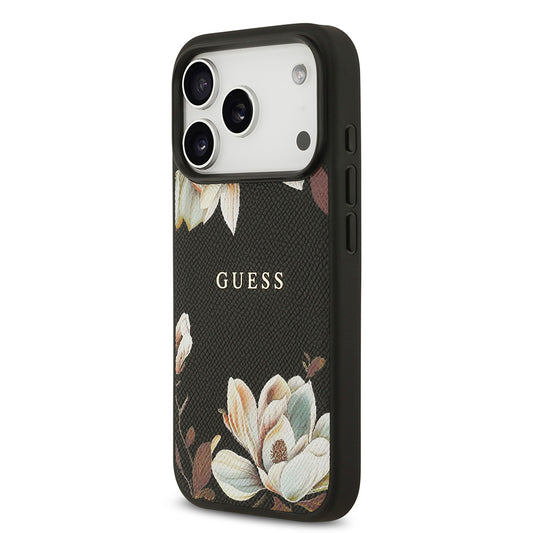 iPhone 17 Pro Kılıf Guess Orjinal Lisanslı M-safe Şarj Özellikli Taneli Çiçek Tasarımlı Metal Yazı Logolu Kapak