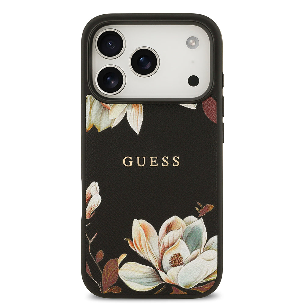 iPhone 17 Pro Kılıf Guess Orjinal Lisanslı M-safe Şarj Özellikli Taneli Çiçek Tasarımlı Metal Yazı Logolu Kapak