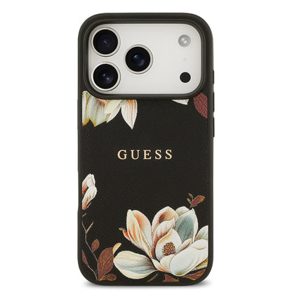 iPhone 17 Pro Kılıf Guess Orjinal Lisanslı M-safe Şarj Özellikli Taneli Çiçek Tasarımlı Metal Yazı Logolu Kapak