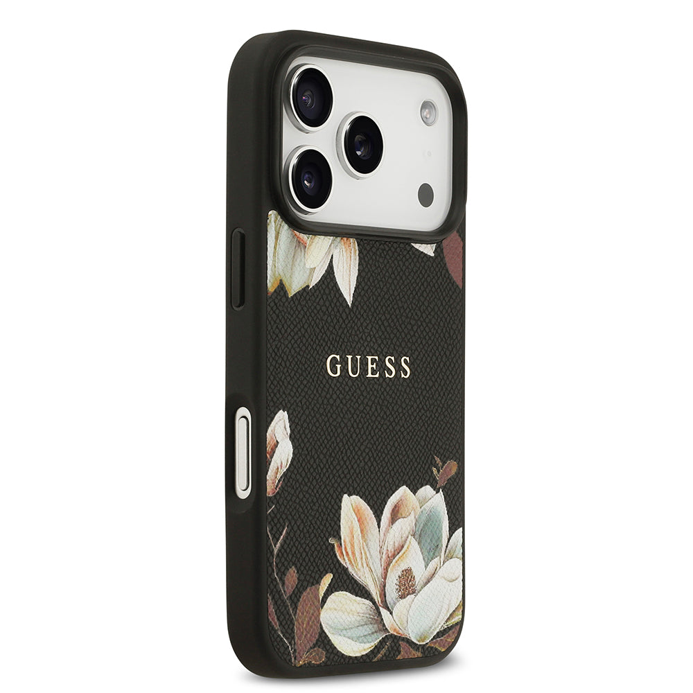 iPhone 17 Pro Kılıf Guess Orjinal Lisanslı M-safe Şarj Özellikli Taneli Çiçek Tasarımlı Metal Yazı Logolu Kapak
