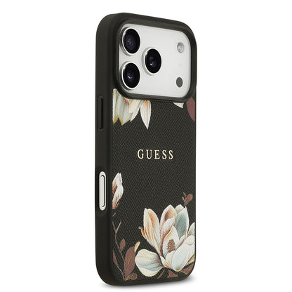 iPhone 17 Pro Kılıf Guess Orjinal Lisanslı M-safe Şarj Özellikli Taneli Çiçek Tasarımlı Metal Yazı Logolu Kapak