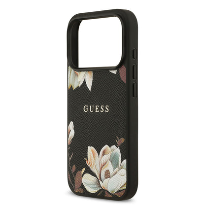 iPhone 17 Pro Kılıf Guess Orjinal Lisanslı M-safe Şarj Özellikli Taneli Çiçek Tasarımlı Metal Yazı Logolu Kapak