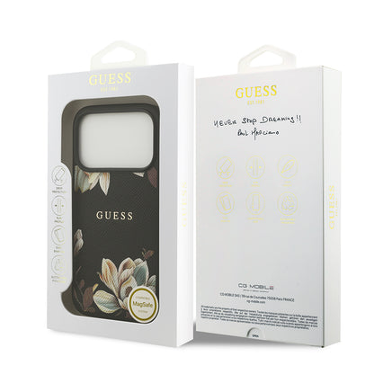 iPhone 17 Pro Kılıf Guess Orjinal Lisanslı M-safe Şarj Özellikli Taneli Çiçek Tasarımlı Metal Yazı Logolu Kapak